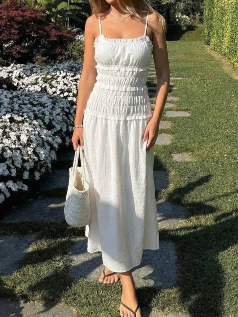 White Elegant Women's Multi-Layer Ruffle Slim Fit Spaghetti Strap Maxi Dress